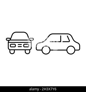 Car icon set front and side view outline symbol. Vector illustration isolated on white background. Stock Vector