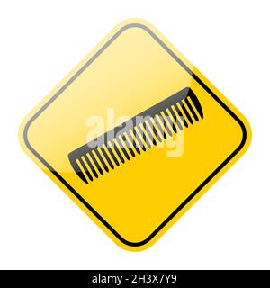 Comb silhouette icon. Hairbrush white symbol isolated on on yellow road sign frame. Vector illustration. Stock Vector