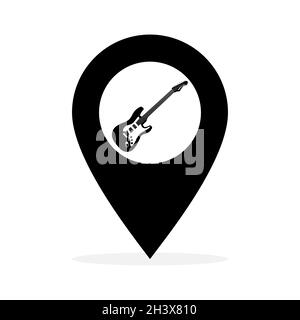 Electric guitar music instrument icon on map location marker sign. location pin symbol. Vector illustration isolated on white background. Stock Vector