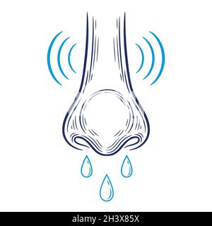 Runny wet rhinitis nose, allergy outline icon. Cold and flu, coronavirus respiratory infection disease symptom. Drops snot. Allergic reaction vector Stock Vector