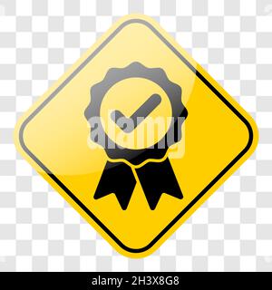 Approved badge on yellow street sign frame. Black award ribbon medal symbol icon. Vector illustration. Transparent background. Stock Vector