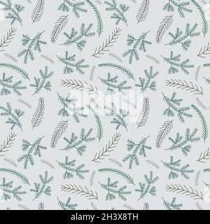 Seamless pattern with spruce twigs on silver background. Stock Vector