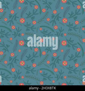 Seamless pattern with spruce twigs and Christmas bubbles. Stock Vector