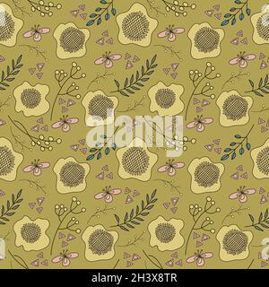 Seamless floral pattern on olive green background. Stock Vector