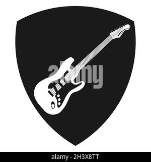 Guitar musical string instrument icon on a shield symbol. Isolated vector illustration. Stock Vector