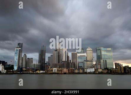 Dusk at Canary Wharf, captured from the Greenwich Peninsula in London, England UK Stock Photo