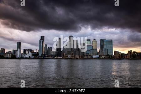 Dusk at Canary Wharf, captured from the Greenwich Peninsula in London, England UK Stock Photo