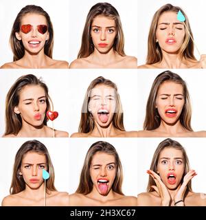 Different Emotions Collage. Set Of Girl Emotional Portraits. Emotion set of girl. Face expression. Stock Photo