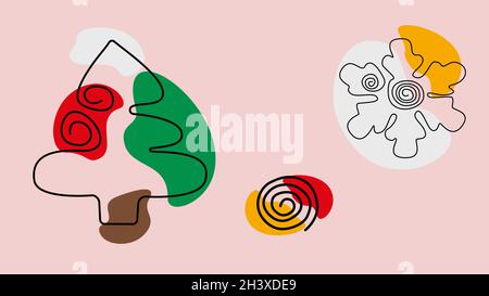 New Year and Christmas vector set of illustrations in Line Art style with color spots Christmas tree and snowflake on a gentle pink background. Vector illustration. Stock Vector