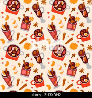 Mulled wine pattern, christmas festive drinks in glasses and mugs decorated with spice, seasoning and fruit, cinnamon and clove flavouring, seamless Stock Vector