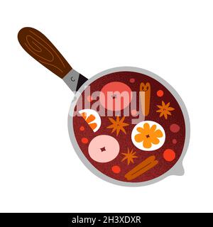Mulled wine in cooking pan witn seasoning ingredients, cinnamon spice, clove and orange fruit, hot red wine drink for christmas, hand drawn doodle Stock Vector