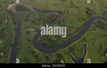 Aerial view of a lush green valley covered in dense forest with a small ...