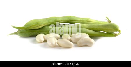 Young bean pods and beans isolated on white background close up. Stock Photo