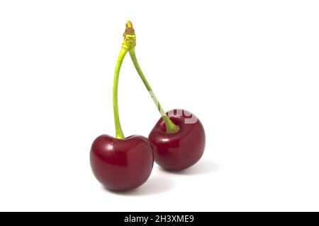Two cherries isolated on white background. Fresh fruits full focus. Stock Photo