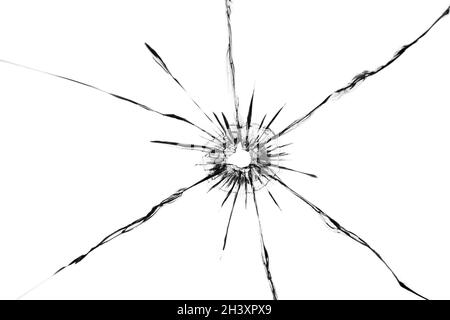 The effect of cracks on broken glass from a shot of a weapon. A hole in the glass of the bullet. Stock Photo