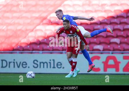 MIDDLESBROUGH, UK. OCT 30TH Birmingham City's Kristian Pedersen wins a header against Middlesbrough's Marcus Tavernier during the Sky Bet Championship match between Middlesbrough and Birmingham City at the Riverside Stadium, Middlesbrough on Saturday 30th October 2021. (Credit: Michael Driver | MI News) Credit: MI News & Sport /Alamy Live News Stock Photo