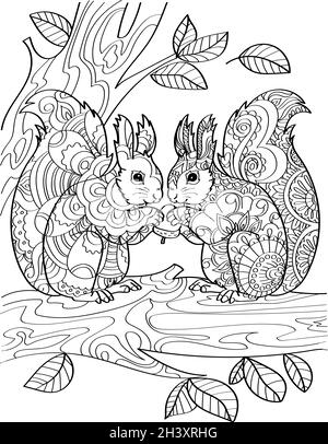 Two Squirrels Standing Holding Acorn On Top Tree Branch With Leaves Line Drawing. Chipmunks Facing Each Other Eating Nut On Fore Stock Photo