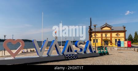 Vaasa harborfront with the old harbormaster building and the Love Vaasa sign Stock Photo