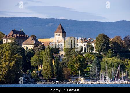 Nyon castle and town from Lake Geneva, Switzerland Stock Photo