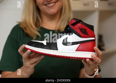 Original, rare Nike Air Jordan Trainers from the 1980's pictured in a trainer shop in Portsmouth, Hampshire, UK. Stock Photo