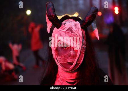 Halloween zombies in the fog during Halloween at Kolmarden Zoo on Saturday. Between October 16 and November 7, Halloween is organized in the zoo just outside Norrköping, Sweden. Stock Photo