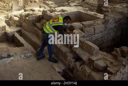 Palestinians work at the archaeological site of a 4th century AD St. Hilarion Monastery, one of the largest Christian monasteries in the Middle East, in Tell Umm al-Amer close to Deir al-Balah, in the central Gaza Strip, on Saturday, October 30, 2021. The earliest building dates back to the fourth century and is attributed to St. Hilarion, a native of the Gaza region and the father of Palestinian monasticism. Abandoned after a seventh-century earthquake and uncovered by local archaeologists in 1999, today aspires to be a world heritage site. Photo by Ismael Mohamad/UPI Stock Photo