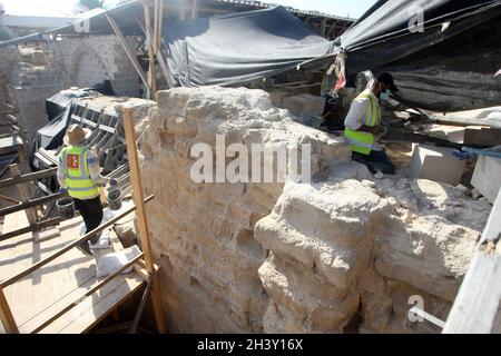 Palestinians work at the archaeological site of a 4th century AD St. Hilarion Monastery, one of the largest Christian monasteries in the Middle East, in Tell Umm al-Amer close to Deir al-Balah, in the central Gaza Strip, on Saturday, October 30, 2021. The earliest building dates back to the fourth century and is attributed to St. Hilarion, a native of the Gaza region and the father of Palestinian monasticism. Abandoned after a seventh-century earthquake and uncovered by local archaeologists in 1999, today aspires to be a world heritage site. Photo by Ismael Mohamad/UPI Stock Photo