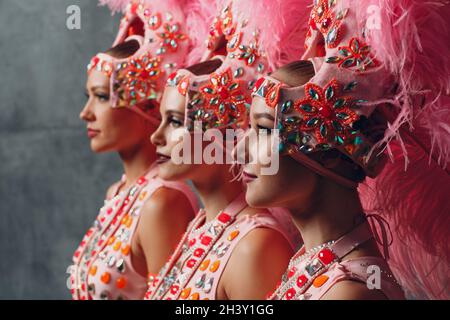 Three Women profile portrait in samba or lambada costume with pink feathers plumage Stock Photo