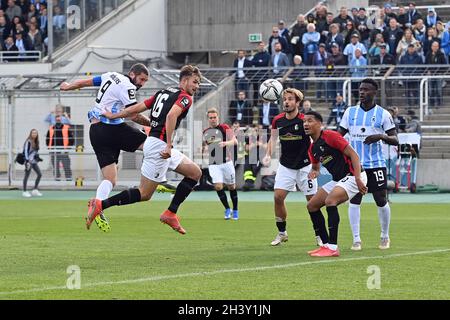 Munich, Deutschland. 30th Oct, 2021. Merveille BIANKADI (TSV Munich 1860),  action, duels versus KENNETH SCHMIDT (SC FREIBURG II). Soccer 3rd league,  Liga3, TSV Munich 1860-SC Freiburg II 6-0 on 10/30/2021 in Muenchen