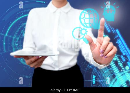 Lady In Uniform Standing Holding Tablet In Hand Pressing Virtual Globe Button. Bussiness Woman Carrying Tab Poining For New Futu Stock Photo