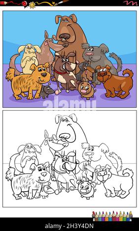 cartoon dogs and puppies group coloring book page Stock Photo - Alamy