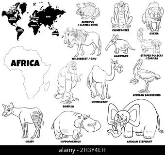 Educational illustration of African animals coloring book page Stock Photo