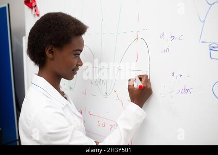 African American woman math teacher stands at blackboard with marker Stock Photo