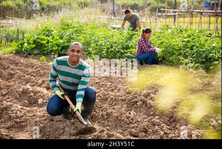 Working Indian with hoePortrait of working Indian with hoe on farm field Stock Photo