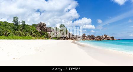 Seychelles Grand Anse beach on La Digue island panorama sea holidays travel Seychelles Stock Photo