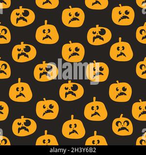 Seamless pattern of glowing halloween pumpkins on black background. Scary and funny faces. Cute Pumpkin or ghost. Vector autumn holidays illustration Stock Vector