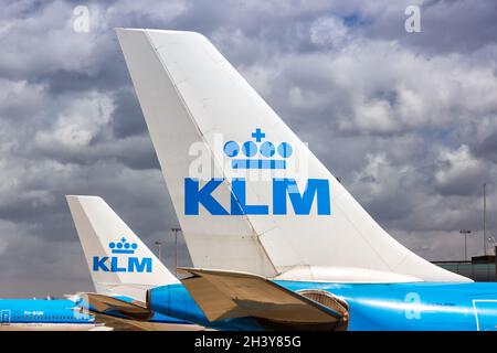 KLM Royal Dutch Airlines Airbus aircraft tails tail unit Amsterdam Schiphol Airport Stock Photo