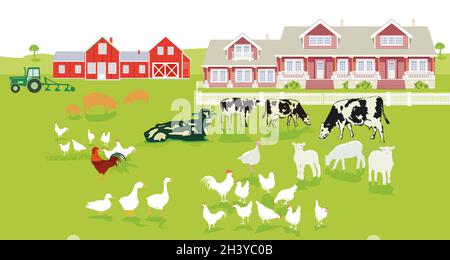 Farm with country house and farm animals illustration Stock Photo