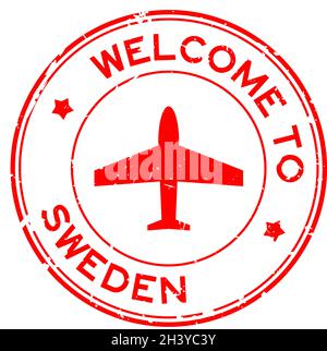 Grunge red welcome to Sweden word with airplane icon round rubber seal stamp on white background Stock Vector