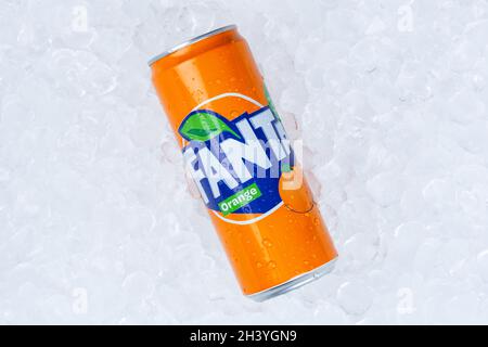 Fanta Orange Lemonade Soft Drink Drink In Can Ice Ice Cube Stock Photo
