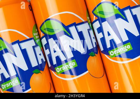 Fanta Orange lemonade soft drink drink in can background Stock Photo