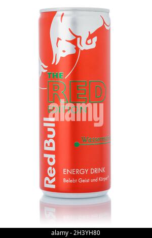 Red Bull Energy Drink The Red Edition watermelon lemonade soft drink drink in can cropped isolated against a white background Stock Photo