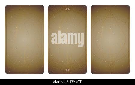 Vector set of three vintage backgrounds with geometric symbols and frames. Abstract geometric symbols and sacred mystic signs drawn in lines. In sepia Stock Vector