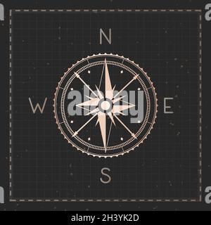 Vector illustration with gold compass or wind rose and frame on dark background. With basic directions North, East, South and West. Stock Vector
