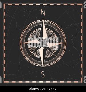 Vector illustration with gold compass or wind rose and frame on dark background. With basic directions North andSouth. Stock Vector