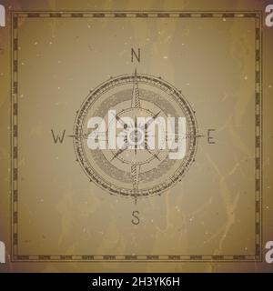 Vector illustration with a vintage compass or wind rose and frame on grunge background. With basic directions North, East, South and West. Stock Vector
