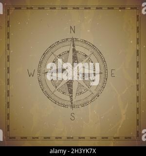 Vector illustration with a vintage compass or wind rose and frame on grunge background. With basic directions North, East, South and West., Vector ill Stock Vector