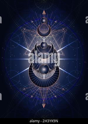 Vector illustration of Sacred geometry symbol on abstract background. Mystic sign drawn in lines. Image in blue color. Stock Vector