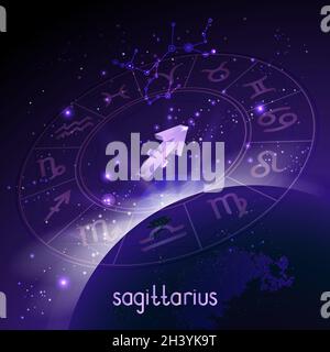 Vector illustration of 3D sign and constellation SAGITTARIUS with Horoscope circle in perspective against the space background with sunrise and earth. Stock Vector