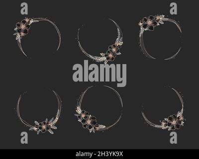 Vector set of frames with hand drawn flowers and floral elements. Decorative wreaths collection. Gold and black elements. Stock Vector